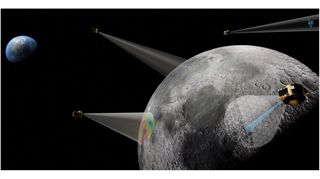 Artist's illustration of Firefly Aerospace Elytra spacecraft studying the moon from lunar orbit.