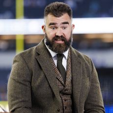 INGLEWOOD, CALIFORNIA - NOVEMBER 11: Jason Kelce of ESPN Monday Night Countdown on set before the game between the Miami Dolphins and the Los Angeles Rams at SoFi Stadium on November 11, 2024 in Inglewood, California. (Photo by Ric Tapia/Getty Images)