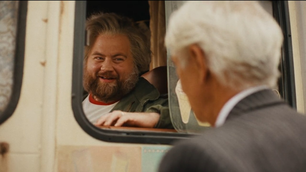 David Strathairn looking at Paul Walter Hauser in an ice cream van in The Luckiest Man in America.