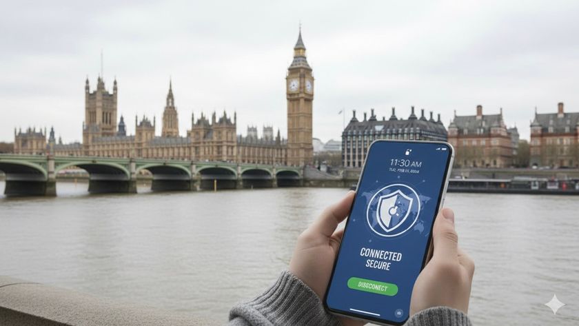 A person using a VPN on their phone with the UK Houses of Parliament in the background