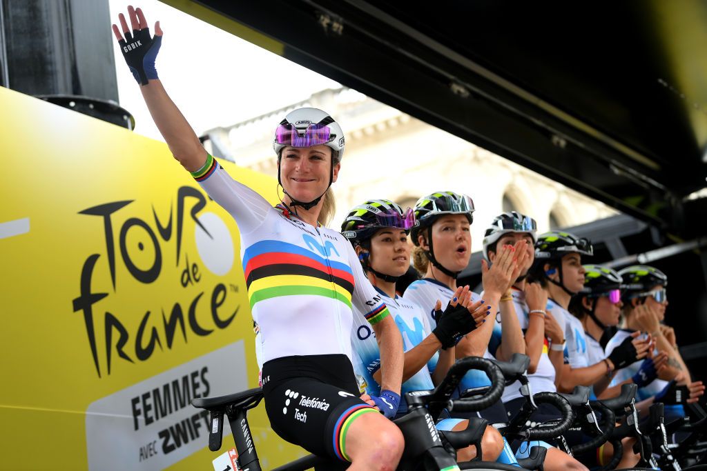 CAHORS FRANCE JULY 26 Annemiek Van Vleuten of The Netherlands and Movistar Team prior to the 2nd Tour de France Femmes 2023 Stage 4 a 1771km stage from Cahors to Rodez 572m UCIWWT on July 26 2023 in Cahors France Photo by Alex BroadwayGetty Images