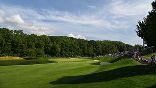 View of the 13th green during the final round of 2021 Travelers Championship at TPC River Highlands