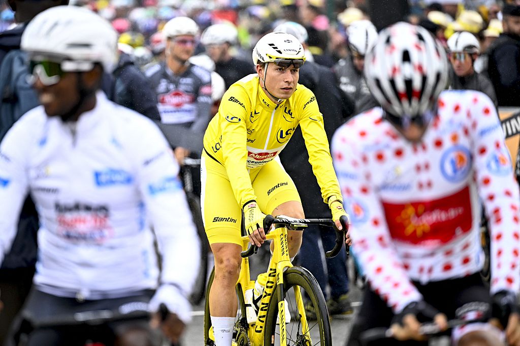 Eritrean Biniam Girmay Hailu of Intermarche-Wanty, Belgian Jasper Philipsen of Alpecin-Deceuninck and French Benjamin Thomas of Cofidis pictured at the start of the second stage of the 2025 Tour de France cycling race, from Lauwin-Planque to Boulogne-sur-Mer (212 km), on Sunday 06 July 2025 in France. The 112th edition of the Tour de France starts on Saturday 5 July in Lille, and will finish in Paris on the 27th of July. BELGA PHOTO DAVID PINTENS (Photo by DAVID PINTENS / BELGA MAG / Belga via AFP)