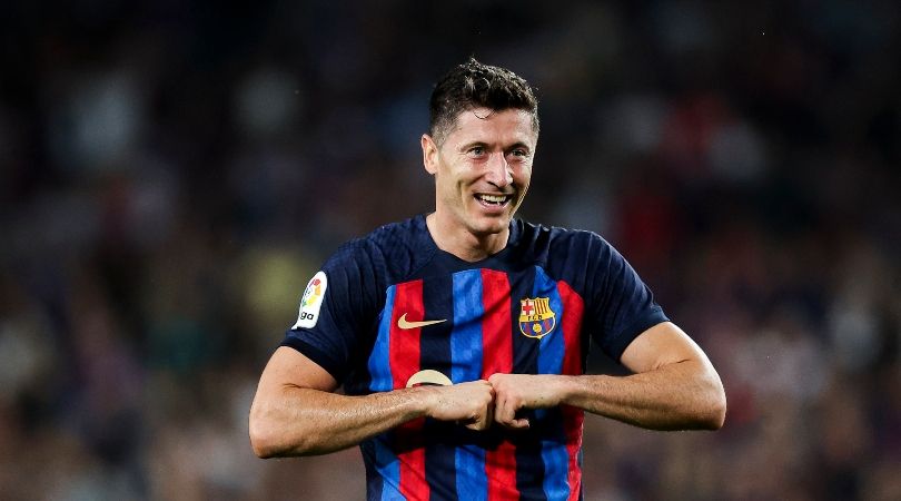 Robert Lewandowski celebrates a Barcelona goal.