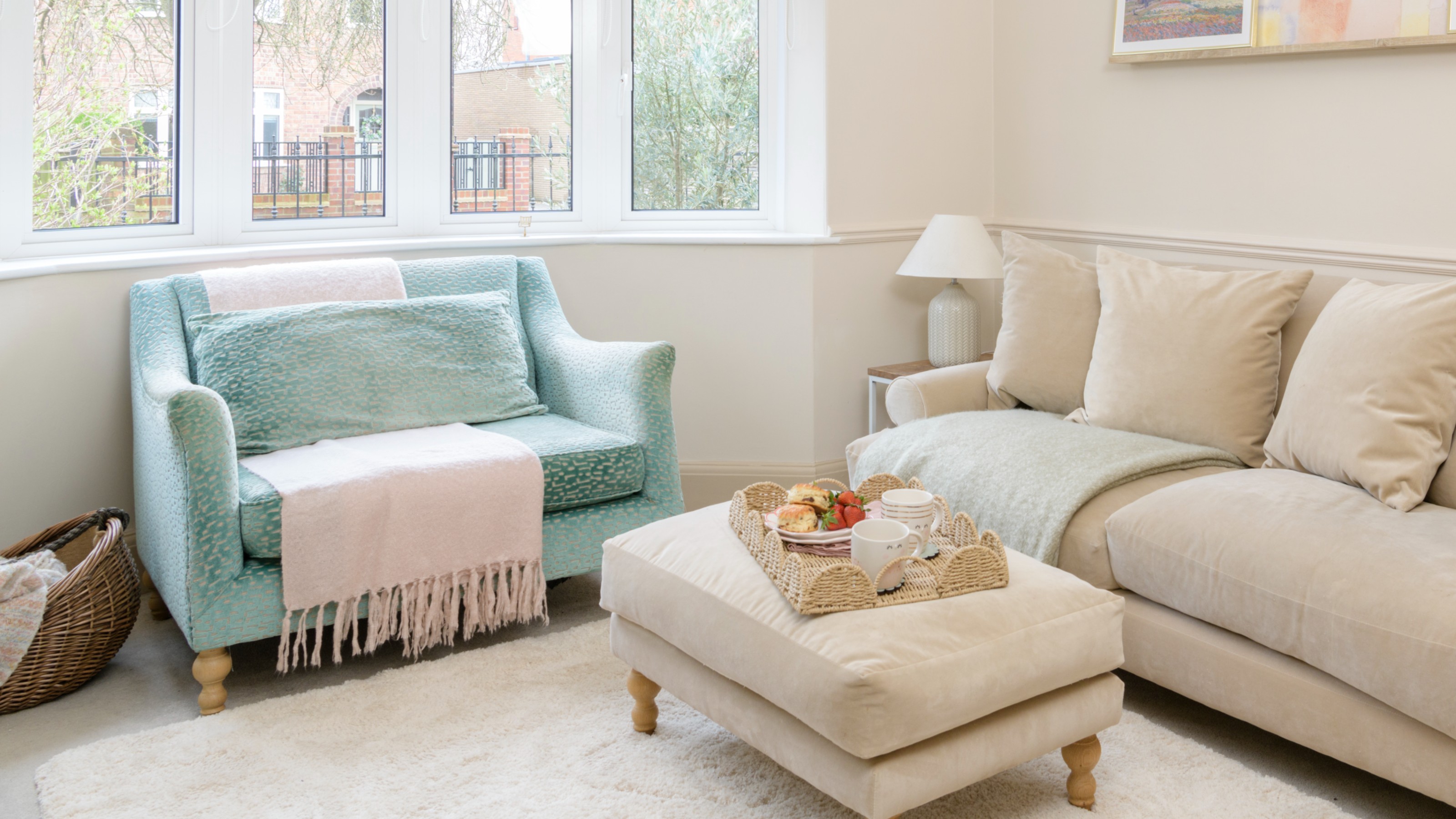 A beige living room with a beige velvet sofa and a turquoise patterned loveseat with a throw over it