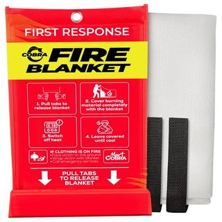 A red fire blanket cover with a grey fire blanket folded up behind it