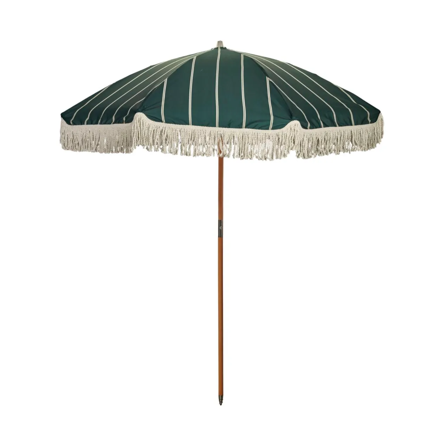 A green garden parasol with a fringe