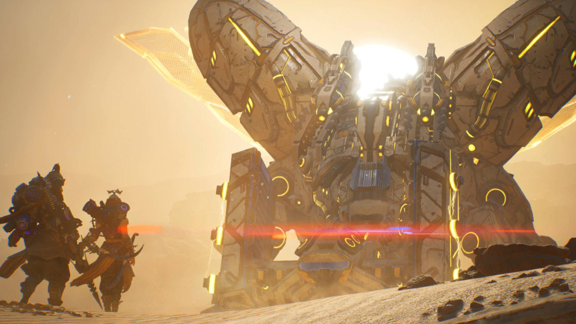 Light of Motiram screenshot shows two characters looking at a giant mechanic structure.