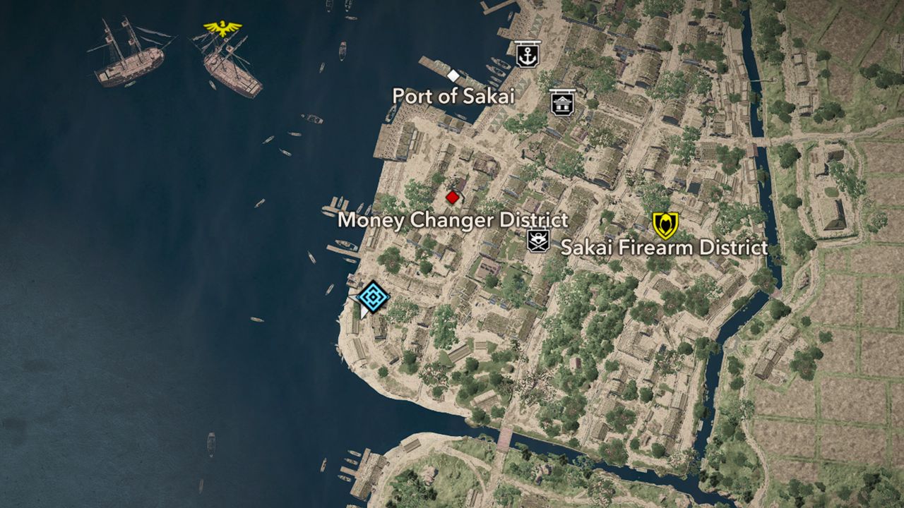 Assassin's Creed Shadows kosode location - A map showing the location of the kosode merchant in Sakai.