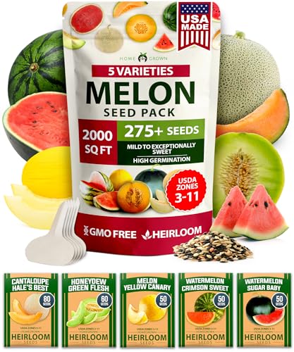 Home Grown Melon Seeds Variety Pack 5 Heirloom Vegetable Seeds, Watermelon Cantaloupe Honeydew Sugar Baby &amp;amp; Melon, High Germination for Planting Home Garden Indoors