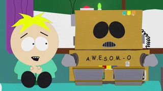 Butters and Eric dressed as a robot during the South Park episode 'AWESOM-O' (season 8, episode 5).