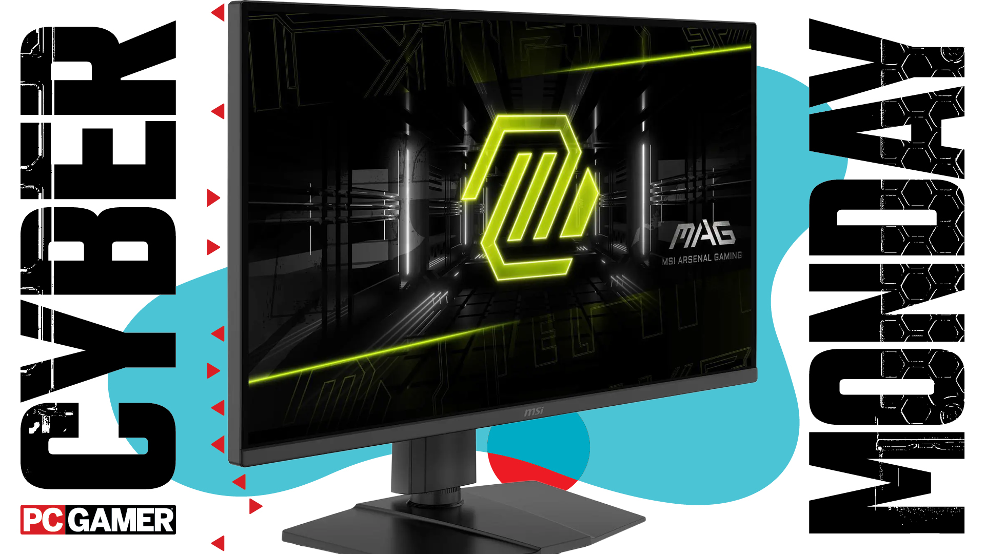 An MSI monitor on a blue Cyber Monday background