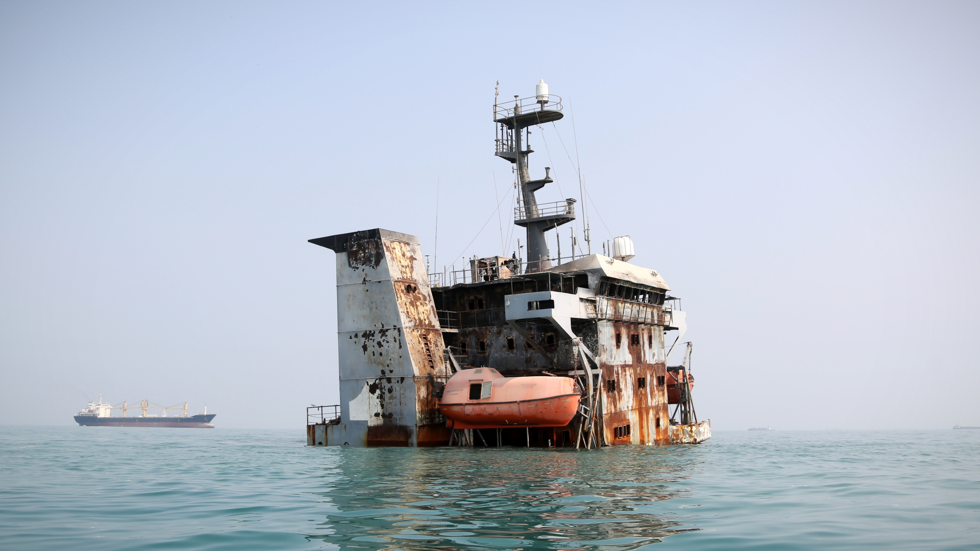 A view of the Iranian Revolutionary Guard Corps Navy warship struck by a U.S. missile, off the coast of Bandar Abbas, Iran.