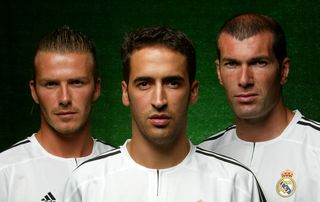 David Beckham, Raul and Zinedine Zidane of Real Madrid during an adidas shoot on July 30, 2003 at the at the Harbour Plaza Hotel in Kunming, China.
