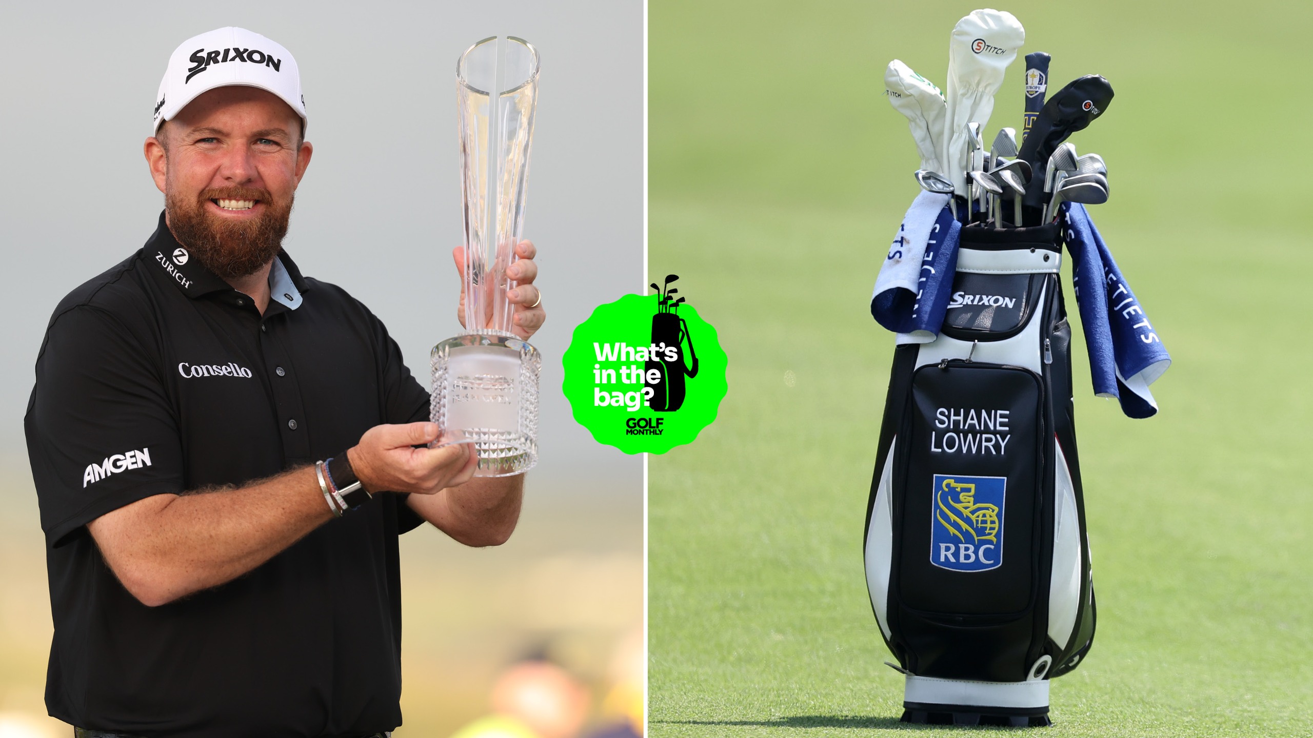 Shane Lowry holds a trophy with a close-up of his golf bag