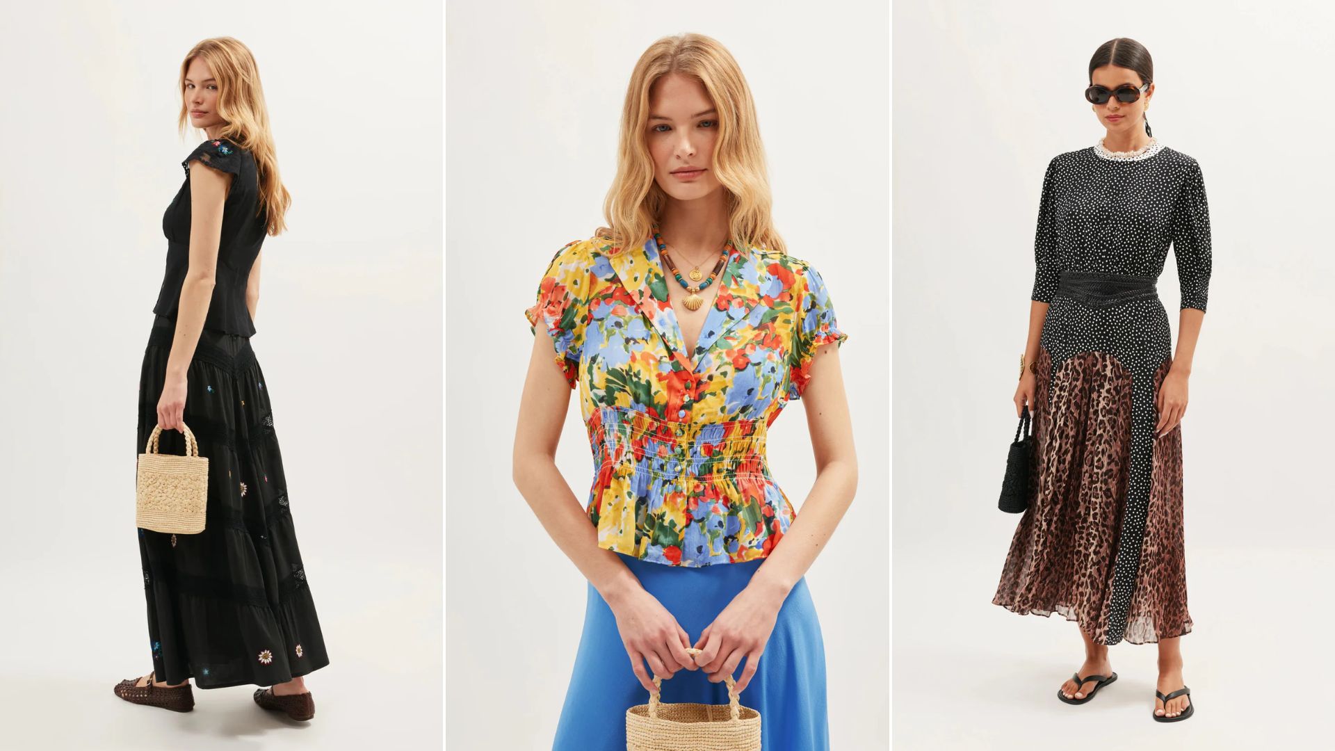 Three women wear different outfits from Rixo