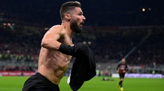 AC Milan striker Olivier Giroud celebrates by removing his shirt after scoring his team&#039;s winning goal in the Serie A match between AC Milan and Spezia on 5 November, 2022 at the San Siro, Milan, Italy