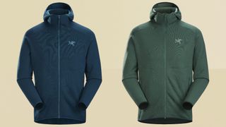 arcteryx Kyanite fleece in navy and bottle green