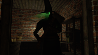 A dark figure with glowing green eyes in Gloomwood
