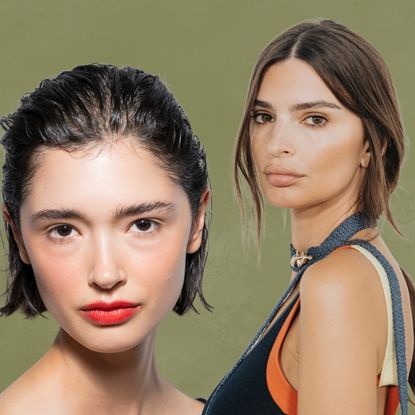 collage of nyfw beauty trends on a green background