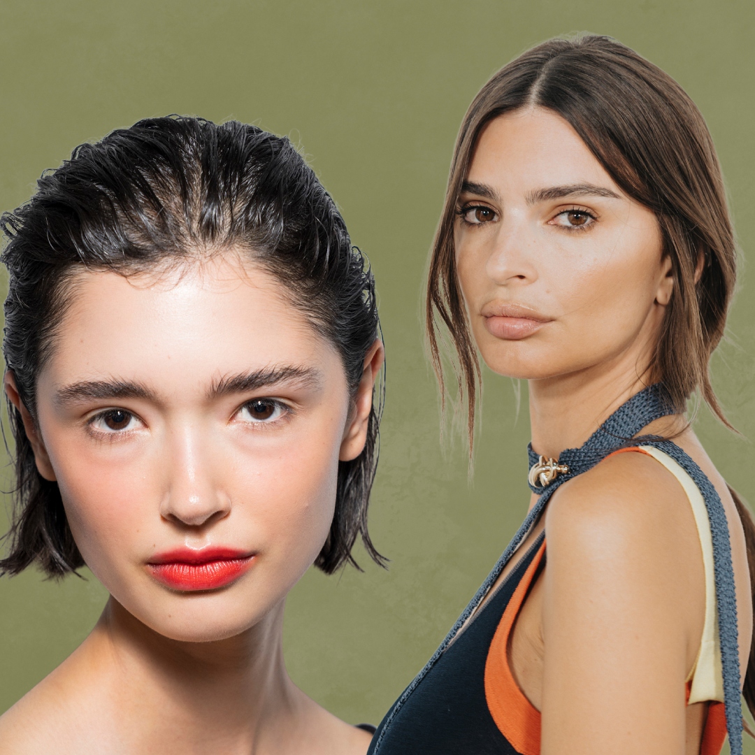 collage of nyfw beauty trends on a green background