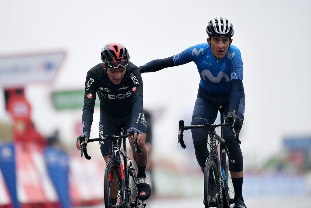 SALLENT DE GLLEGO SPAIN OCTOBER 25 Arrival Richard Carapaz of Ecuador and Team INEOS Grenadiers Marc Soler Gimenez of Spain and Movistar Team during the 75th Tour of Spain 2020 Stage 6 a 1464km stage from Biescas to Sallent de Gllego Aramn Formigal 1790m lavuelta LaVuelta20 La Vuelta on October 25 2020 in Sallent de Gllego Spain Photo by Justin SetterfieldGetty Images