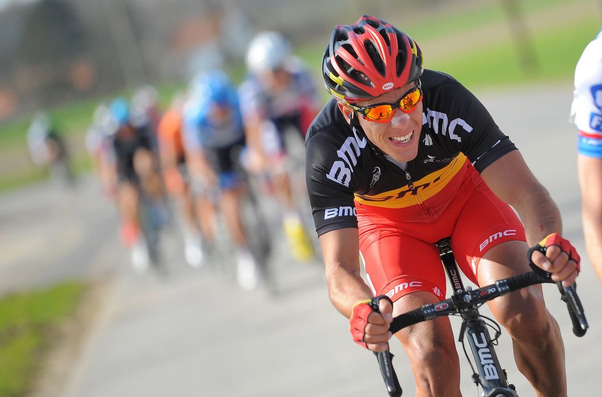 Philippe Gilbert riding the Tour of Flanders in the Belgian tricolour