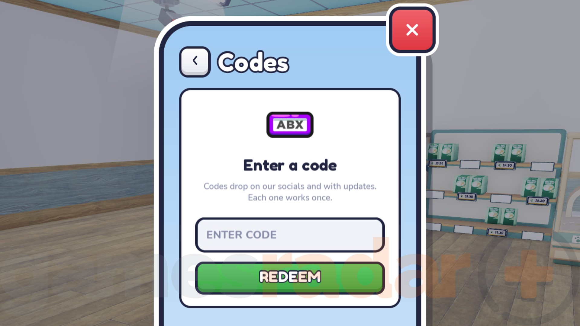 The Pet Store Tycoon codes redemption box.