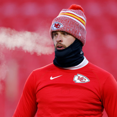 Harrison Butker #7 of the Kansas City Chiefs warms up before the AFC Wild Card Playoffs against the Miami Dolphins at GEHA Field at Arrowhead Stadium on January 13, 2024 in Kansas City, Missouri.