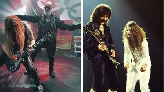 [Left] Richie Faulkner plays his custom Les Paul Custom while Rob Halford looks on; [right] Late-stage Ozzy-era Sabbath the first time around, with Ozzy cheering on guitarist Tony Iommi