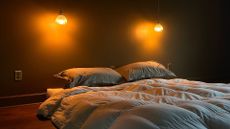 A dark green room with hanging wall sconces over a Japanese floor mattress with blue bedding