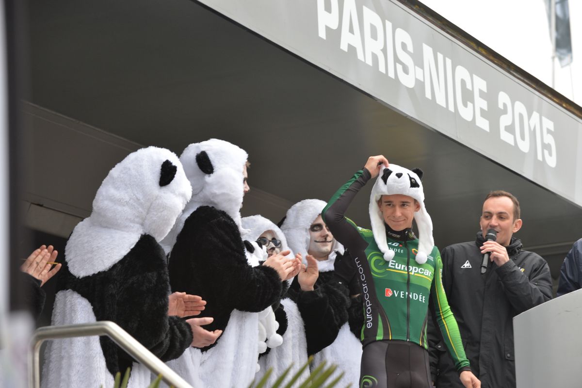 Byran Coquard (Europcar) gets into the Panda fun at the stage start in ZooParc de Beauval