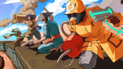 A crop of the key art for Australia Did It, showing a group of mercenaries preparing to battle on top of a moving train - one has electric gauntlets, one has a massive bazooka and wears a skull mask, one has two revolvers, and another has a hazmat suit, gas mask, and a green energy weapon