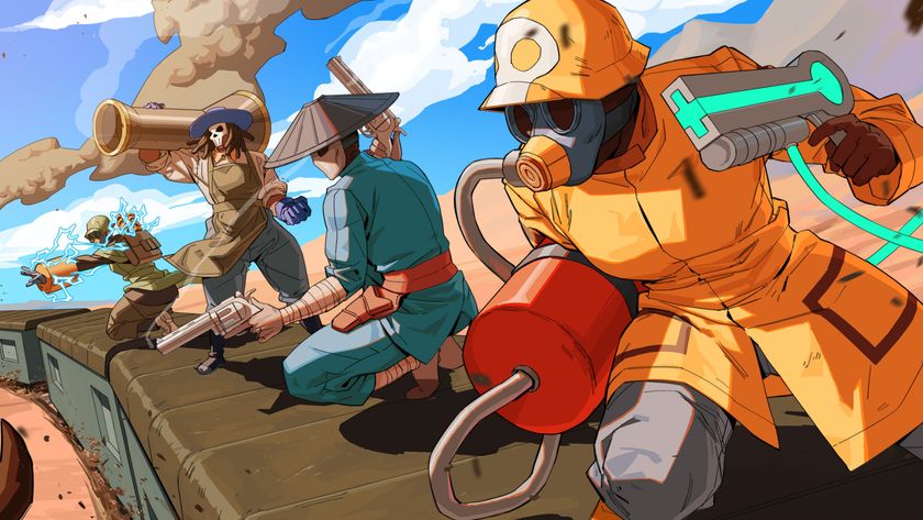 A crop of the key art for Australia Did It, showing a group of mercenaries preparing to battle on top of a moving train - one has electric gauntlets, one has a massive bazooka and wears a skull mask, one has two revolvers, and another has a hazmat suit, gas mask, and a green energy weapon