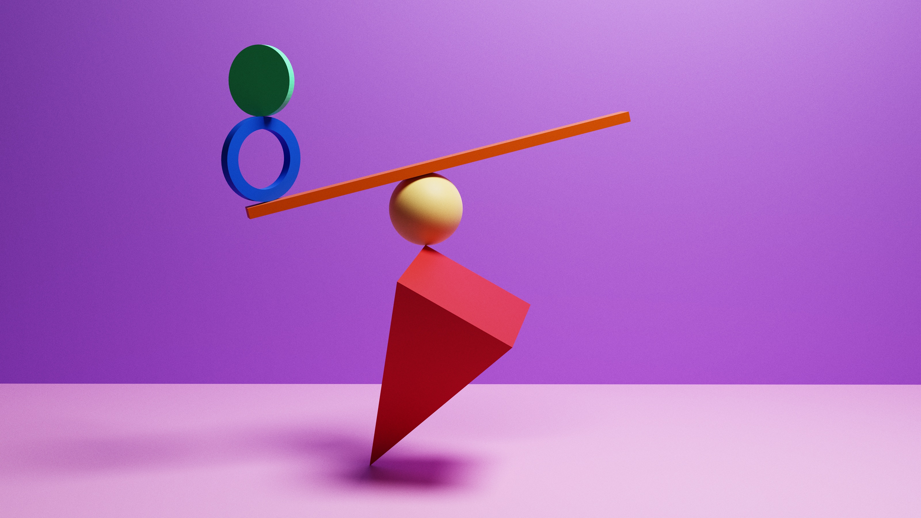 Geometric shapes are balanced precariously against a purple and pink background.