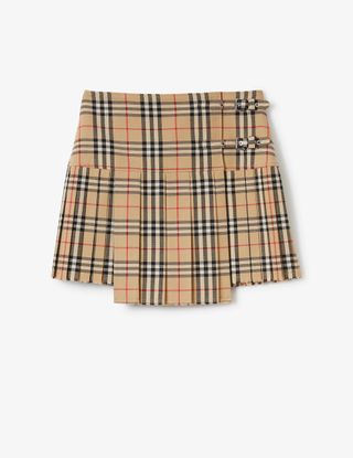 Pleated Check Wool Mini Kilt in Archive Beige - Women | Burberry® Official