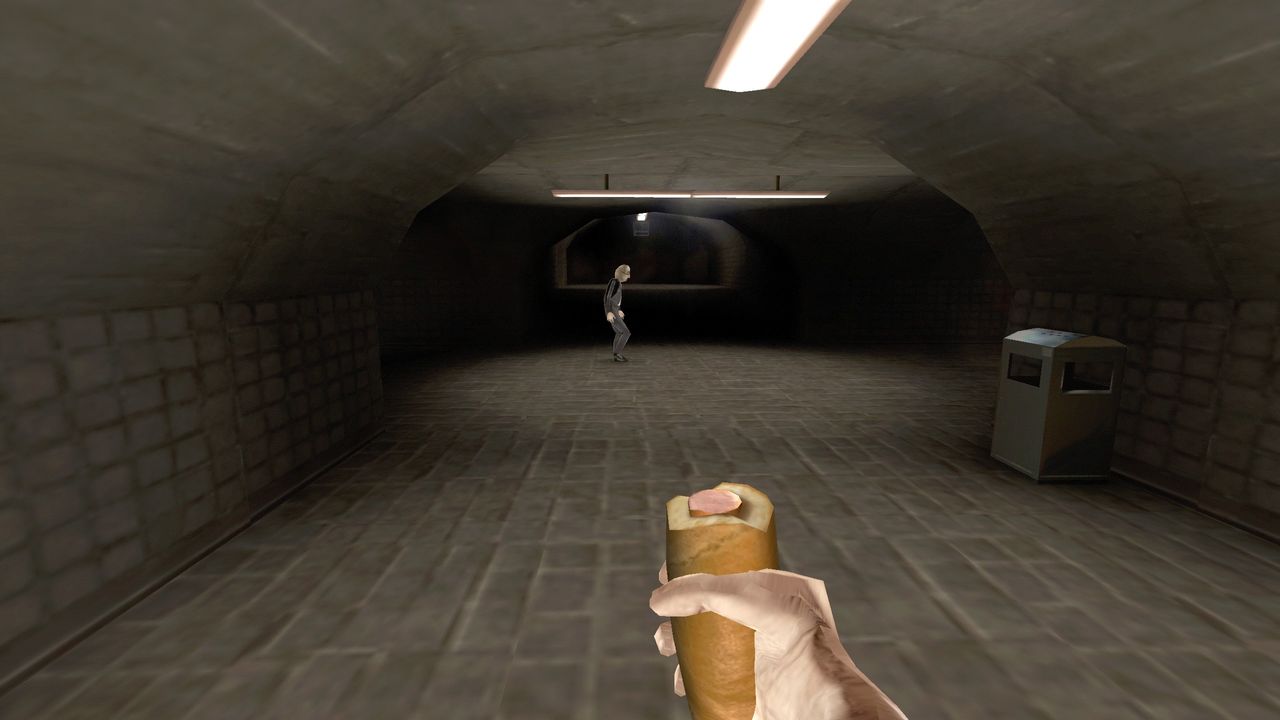 Brno Transit eating hot dog in first person