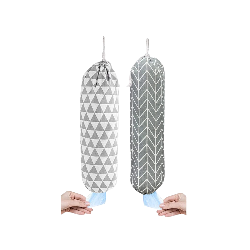 Two grey printed bag dispensers with a hand pulling a blue bag out of the bottom