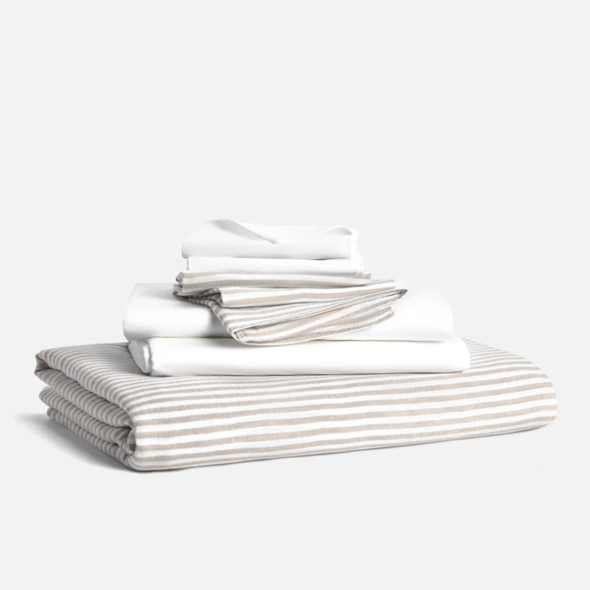 Taupe and white striped sheet set with white pillowcases