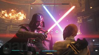 Star Wars Jedi Survivor Jedha Cere and Darth Vader locked in a lightsaber clash