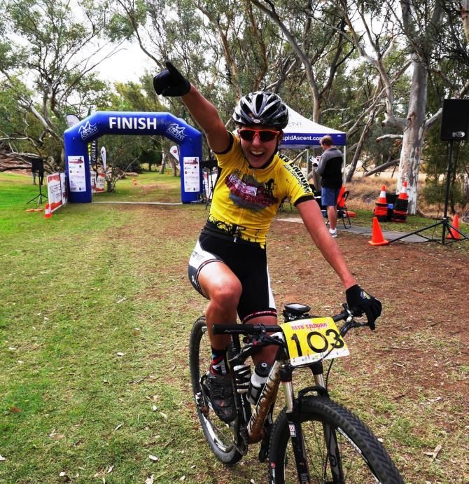 Rowena Fry celebrates winning the Ingkerreke stage race