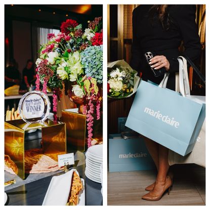 side by side images of a party with marie claire branded glass trophies and paper bags, with lots of flowers