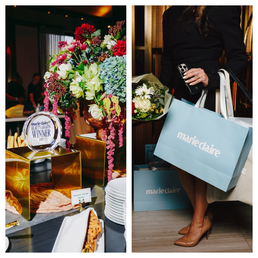 side by side images of a party with marie claire branded glass trophies and paper bags, with lots of flowers