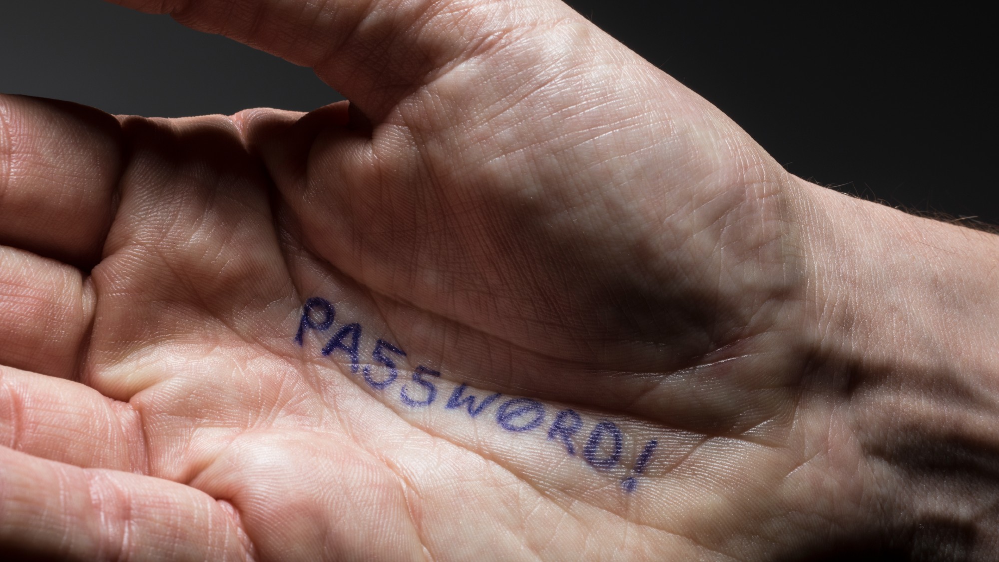 palm showing "PASSW0RD!" written in blue ink