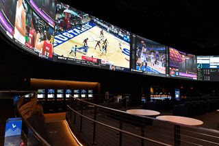 The massive dvLED displays showing sports to gamblers at the Mohegan Sun casino sport book.