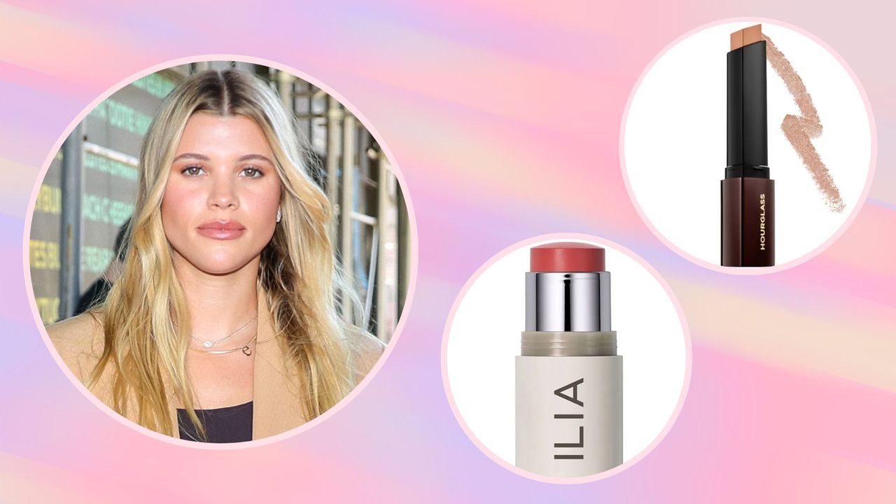 Gentle Makeup: Sofia Richie pictured with glowy, soft glam makeup in a template with ILIA&#039;S blush stick and the Hourglass Vanish concealer stick/ in a pink, purple and orange gradient template