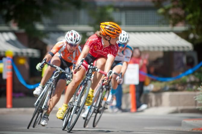 A break with Canadian National Criterium Champion Leah Kirtchmann, Optum, looking over her shoulder as she, Margell Abel, Natural Grocers, and a NOW rider attempts to put distance on the field.