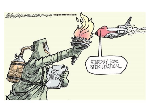 Editorial cartoon Statue of Liberty Ebola travel