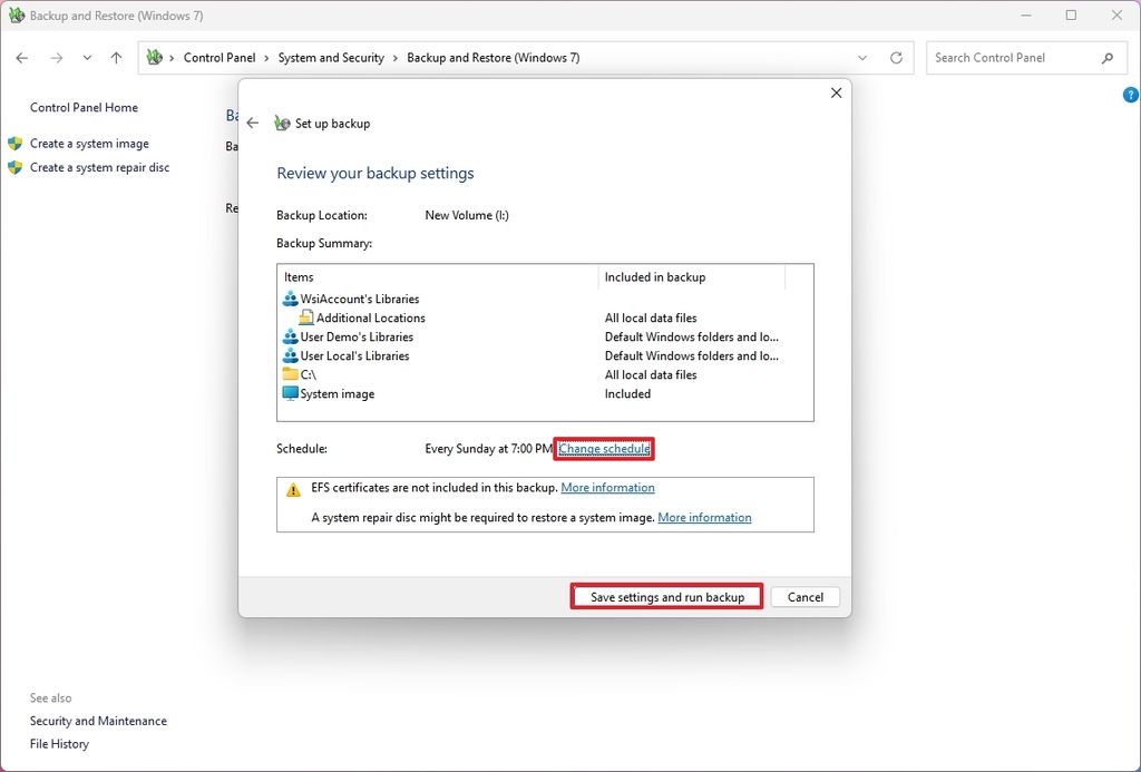 Save settings and run backup