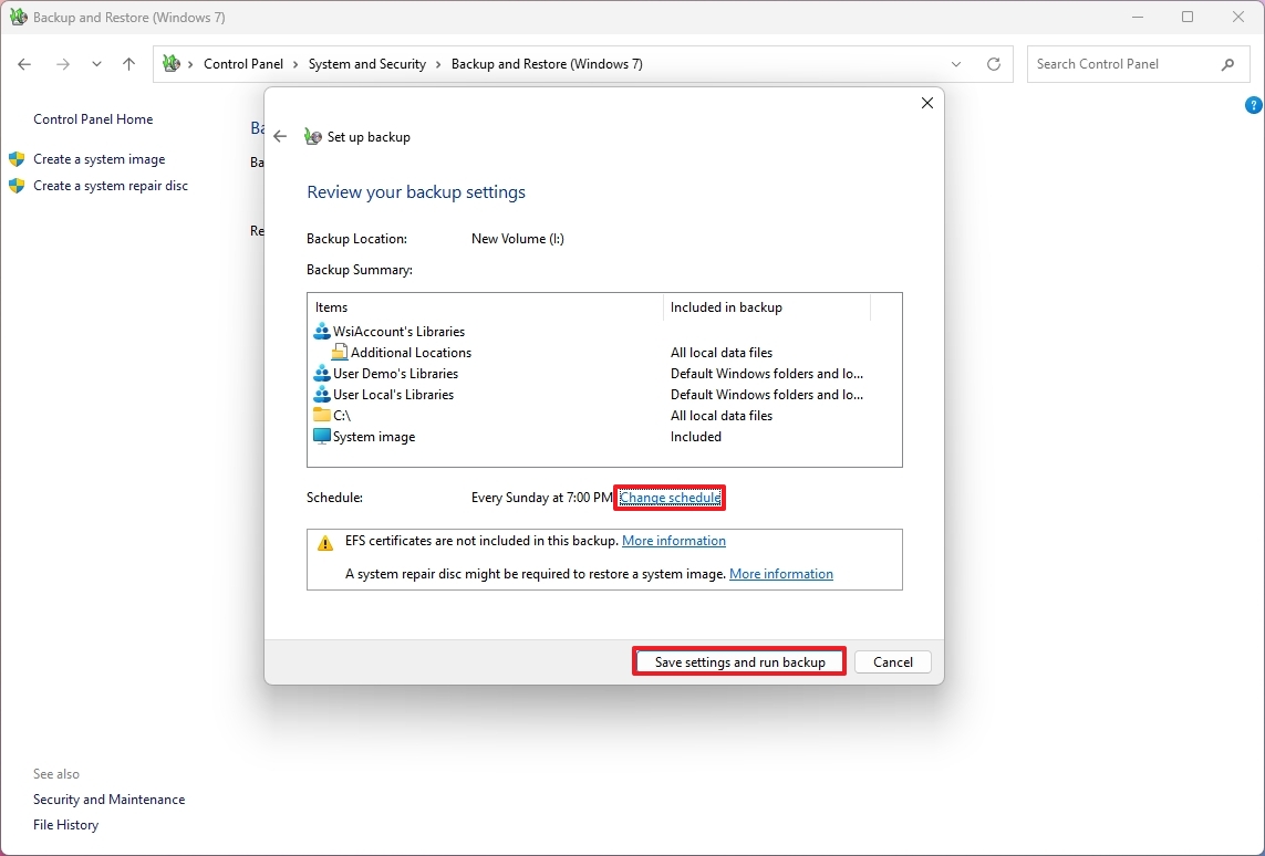 Save settings and run backup